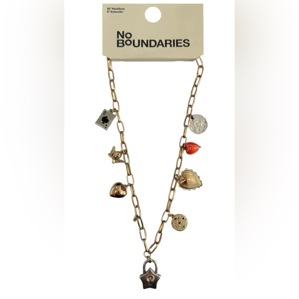 NWT No Boundaries Charm Necklace Gold Chain Lock Heart Butterfly Statement